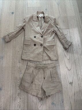 Heartloom Beige Double-Breasted Linen Blazer & Shorts Set